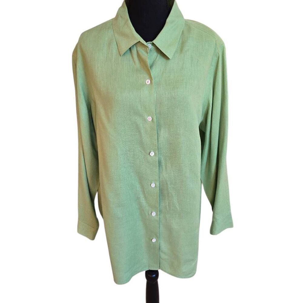 J. Jill Womens Long Sleeve Button Front Linen Shirt Blouse Green Size 1X